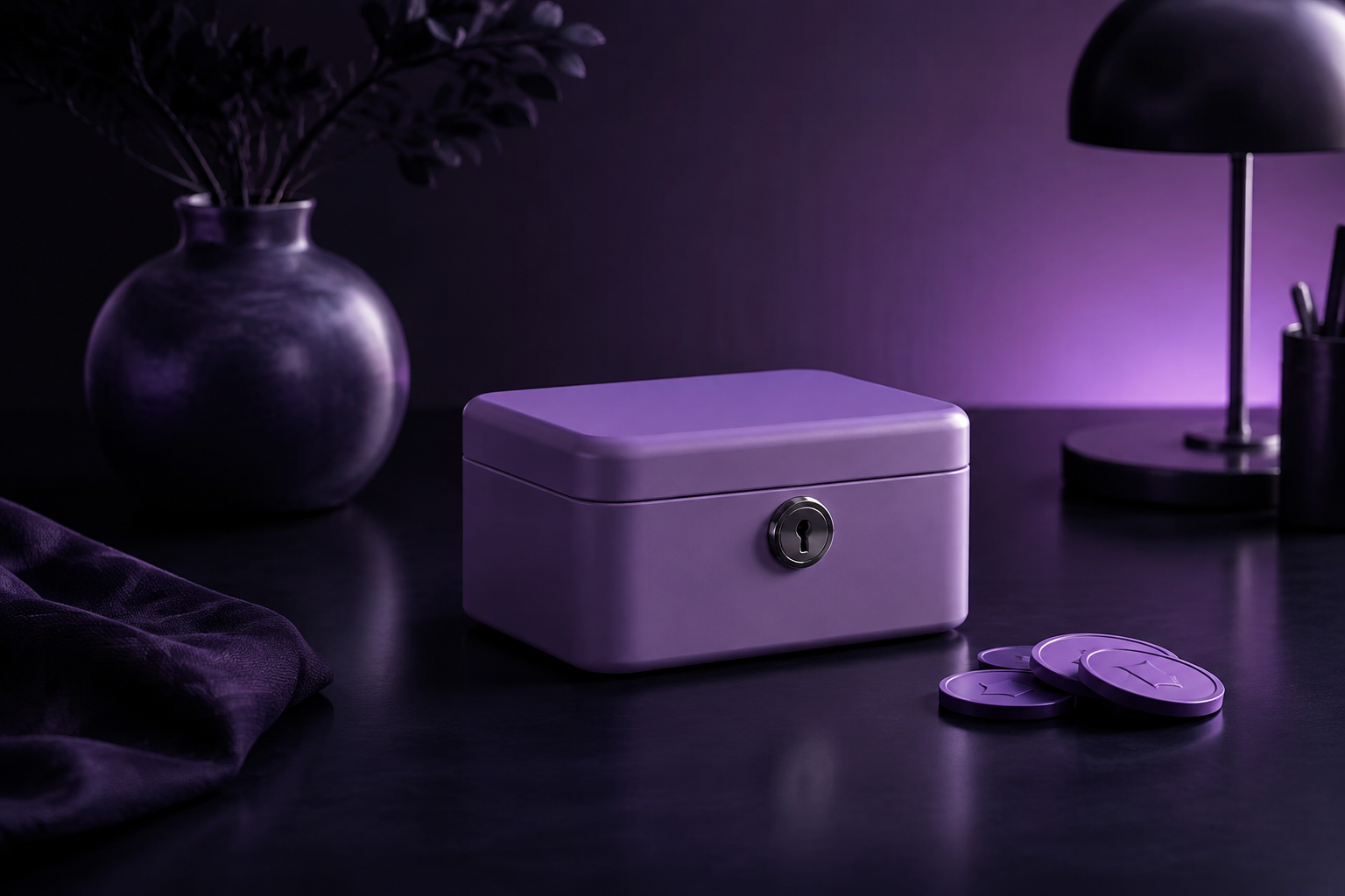 A closed lavender lockbox beside budget tokens.