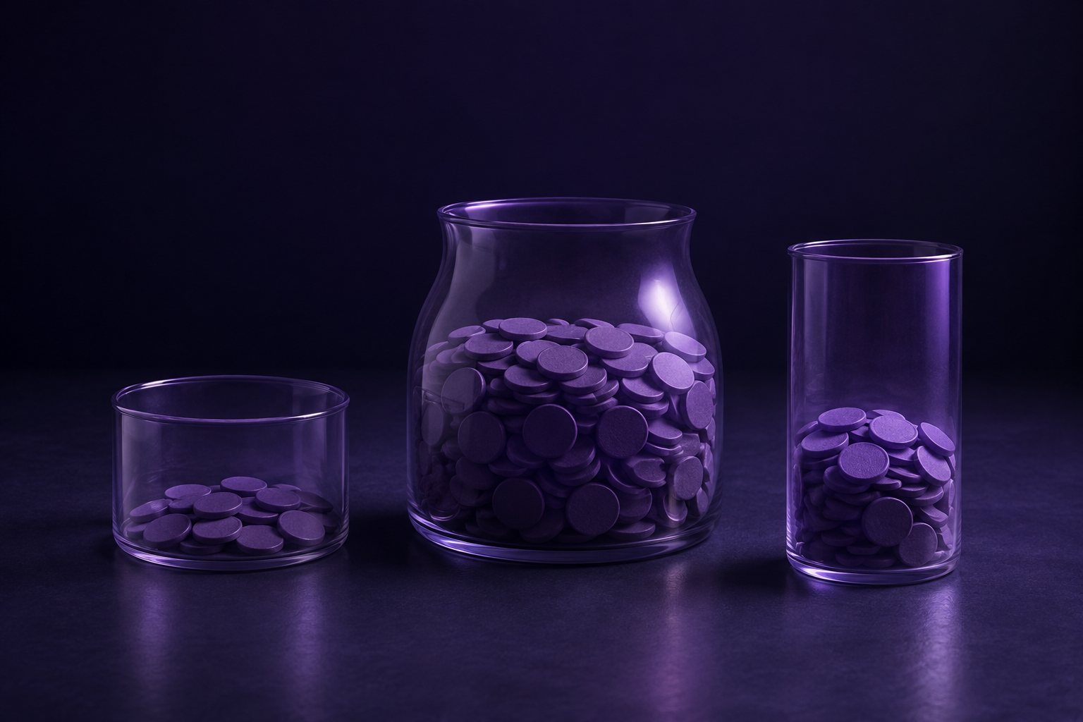 Three violet glass jars with different amounts of tokens, representing variable income and a budget reserve.