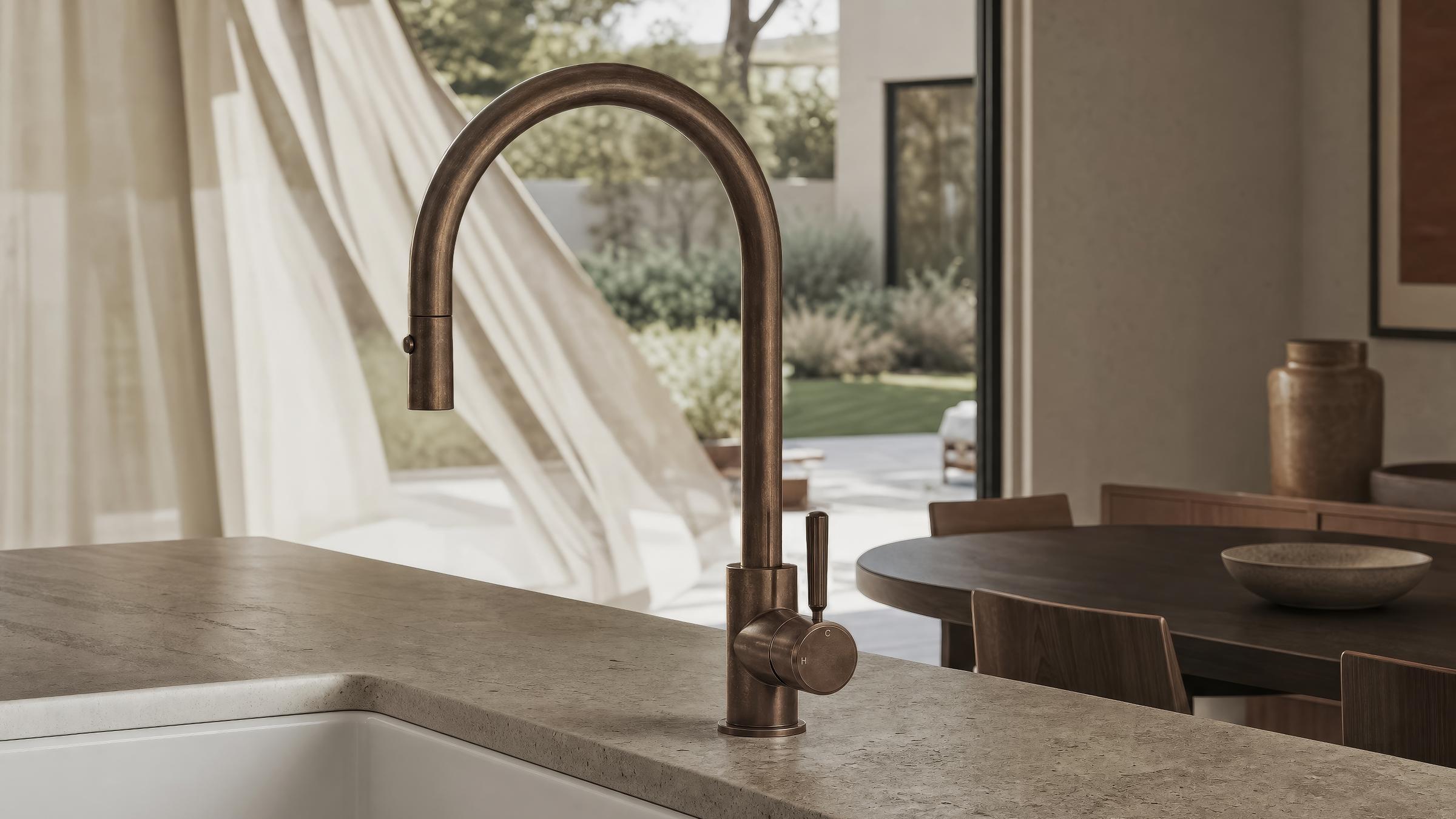 Buddy pull-out kitchen mixer on a stone benchtop