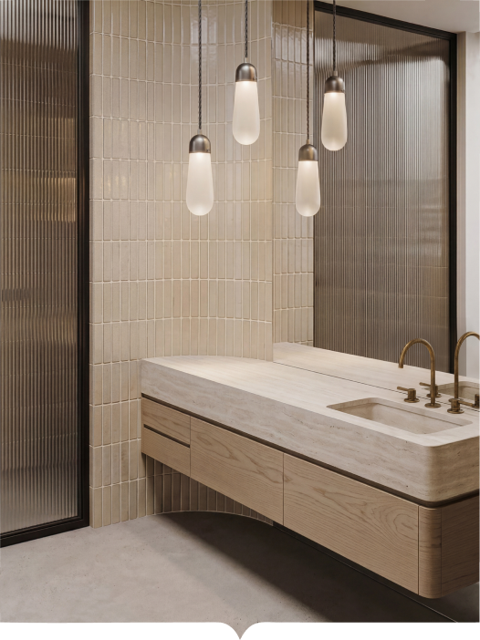 Fluted timber vanity with three pendant lights