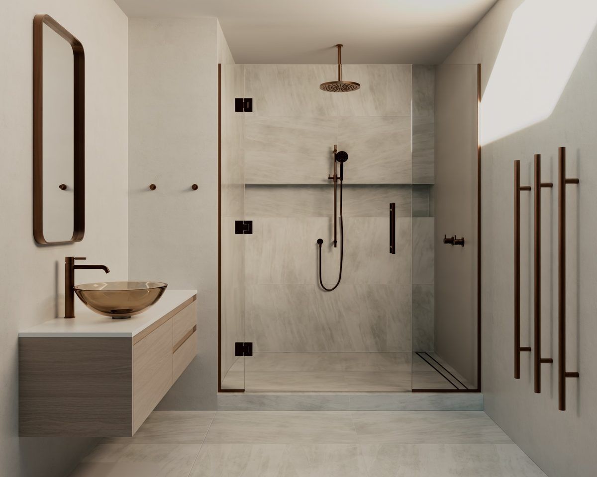 Contemporary bathroom in warm neutrals: a wall-hung timber vanity with an amber glass vessel basin and bronze mixer, a bronze-framed mirror, a glass walk-in shower with bronze rainhead and handshower, and three bronze vertical heated towel rails