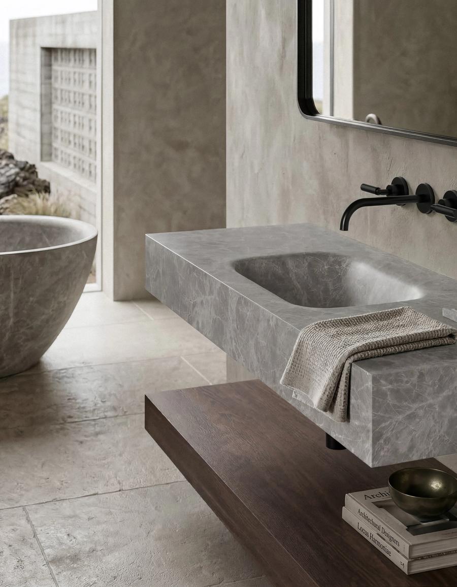 Marmo marble basin on a stone vanity beside a stone bath