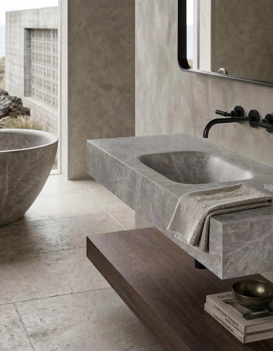 Marmo marble basin on a stone vanity beside a stone bath