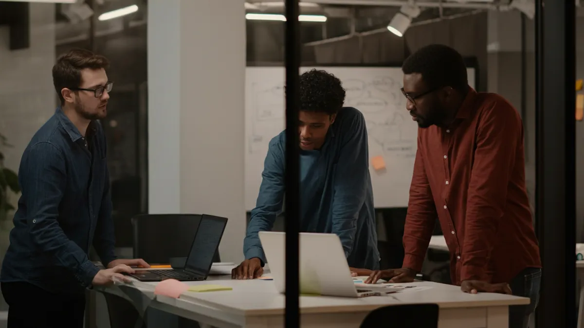 Engineering team collaborating during a technical hiring process