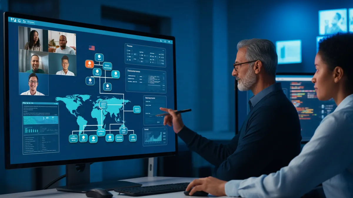 CTO reviewing global engineering team structure on a digital dashboard