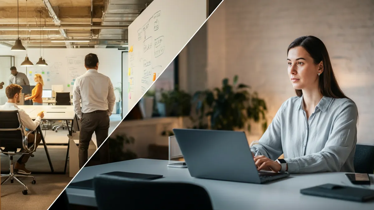 A split view of in-office and remote employees collaborating in a hybrid work setup
