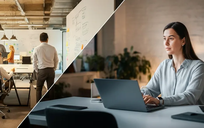 A split view of in-office and remote employees collaborating in a hybrid work setup