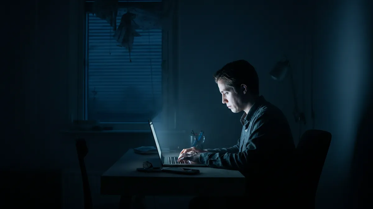 A person working remotely alone at home, isolated from their team, bathed in the glow of a laptop screen in a quiet, dimly lit room