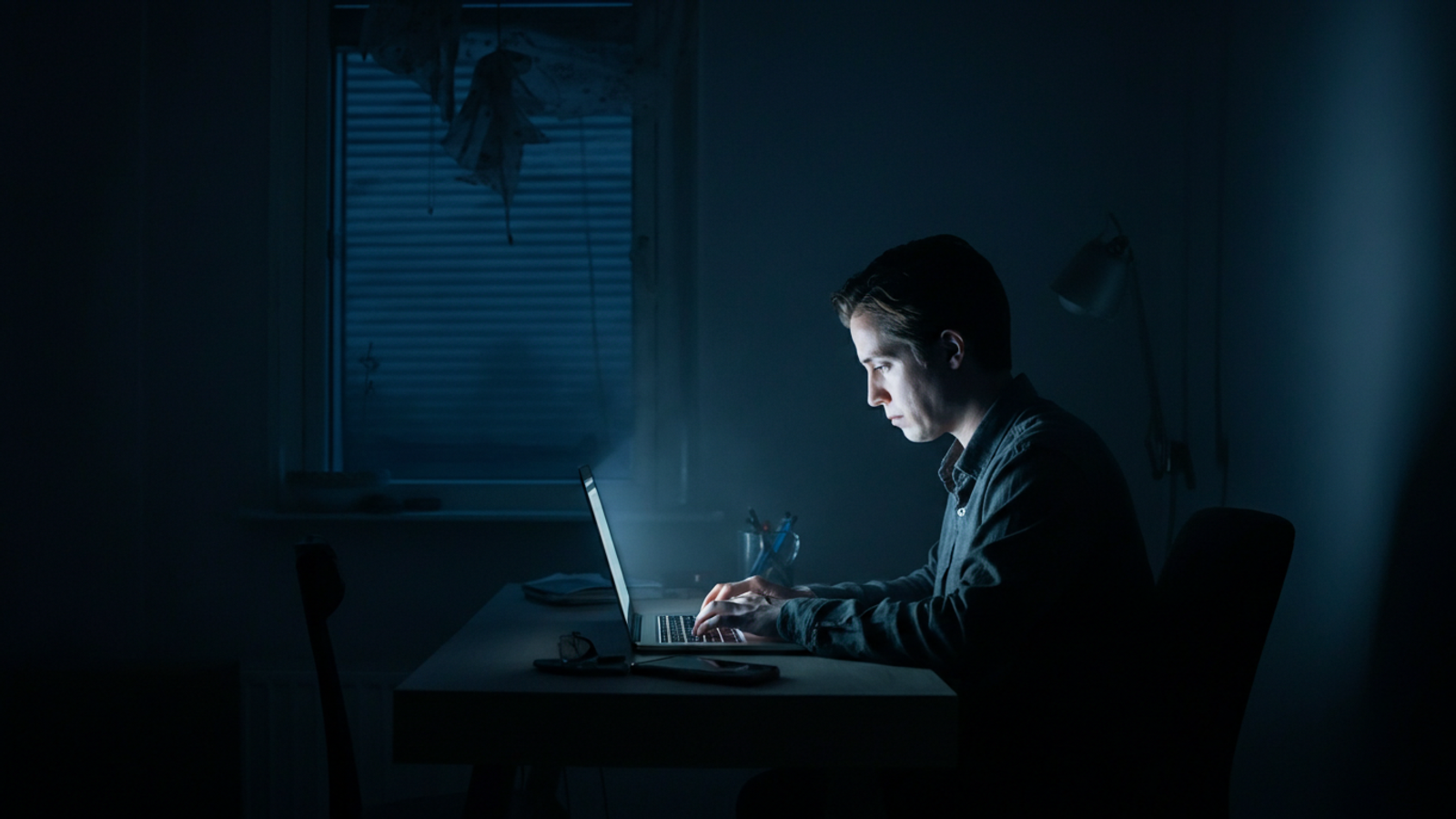 A person working remotely alone at home, isolated from their team, bathed in the glow of a laptop screen in a quiet, dimly lit room