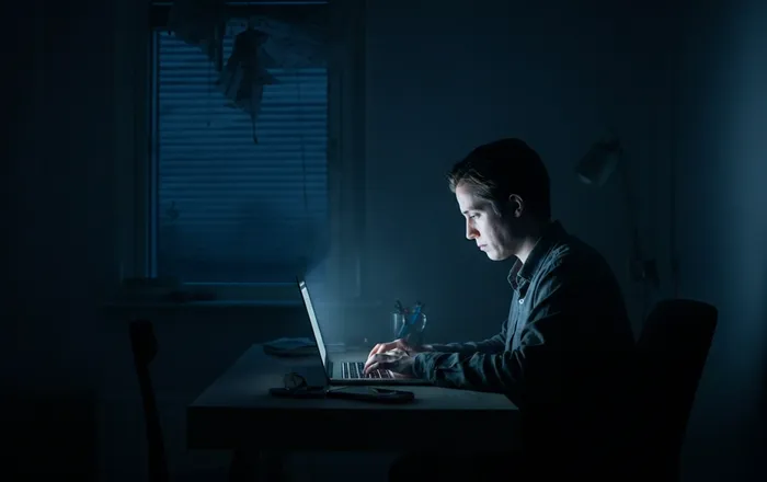 A person working remotely alone at home, isolated from their team, bathed in the glow of a laptop screen in a quiet, dimly lit room