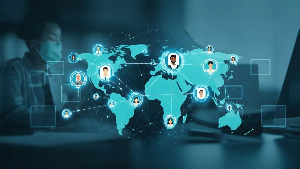 Offshore engineering team structure diagram showing distributed global team organization with interconnected nodes across continents
