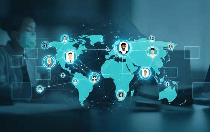 Offshore engineering team structure diagram showing distributed global team organization with interconnected nodes across continents