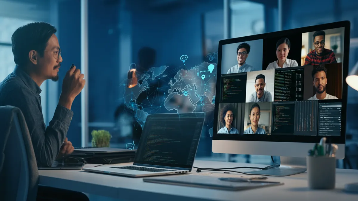 Software development outsourcing team collaborating remotely across global offices