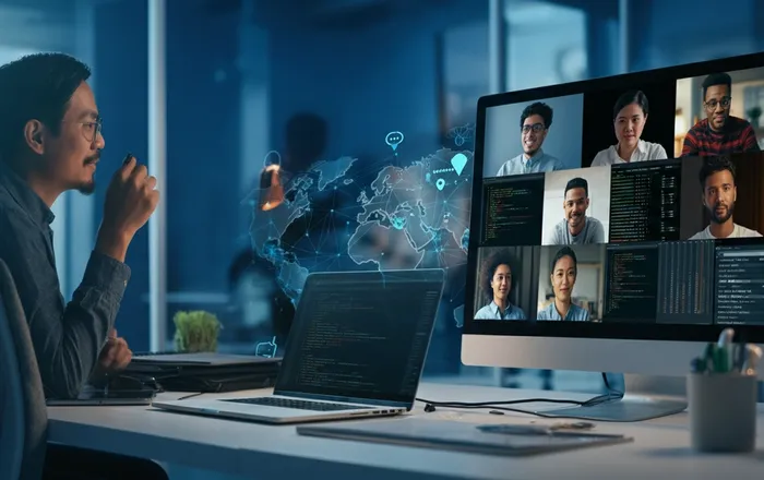 Software development outsourcing team collaborating remotely across global offices