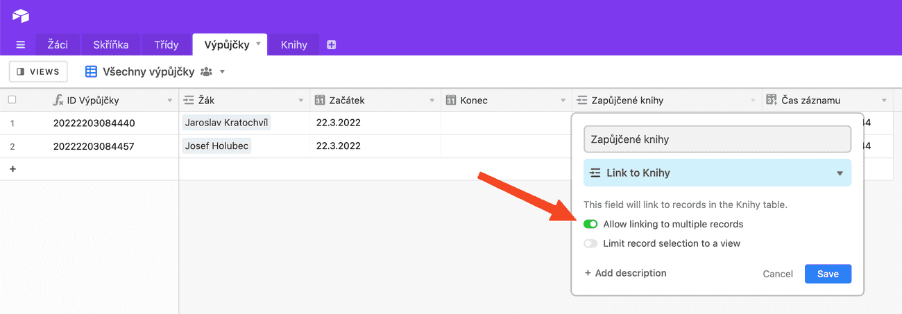 Vztahy mezi tabulkami v Airtablu
