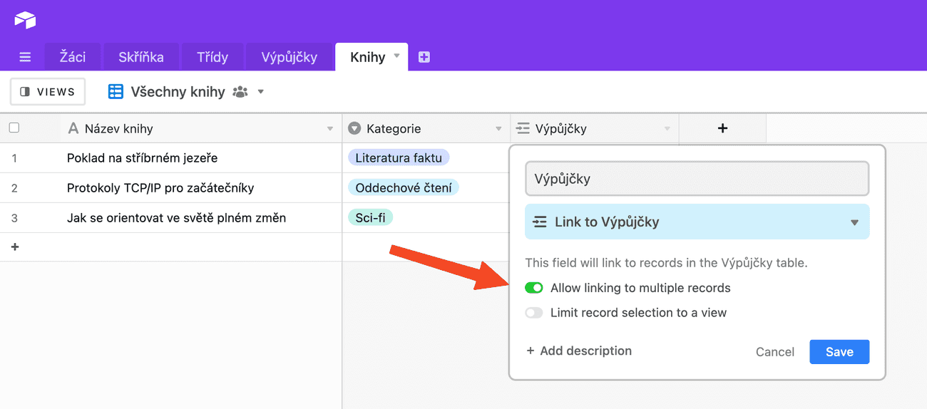 Vztahy mezi tabulkami v Airtablu