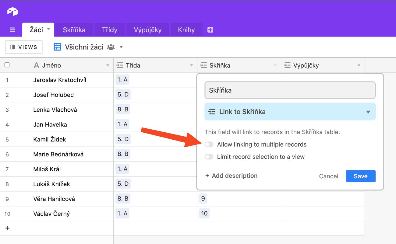 Vztahy mezi tabulkami v Airtablu