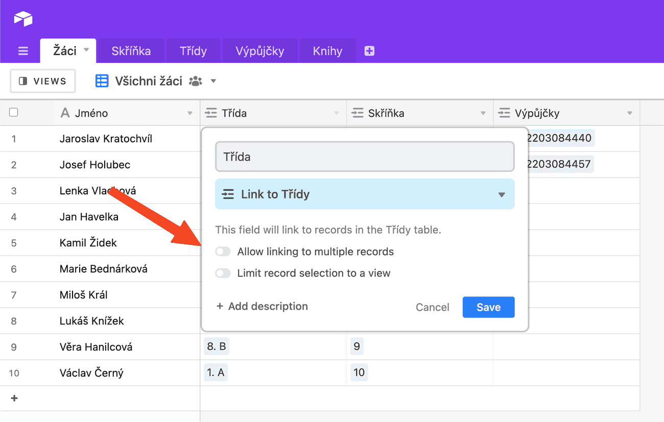 Vztahy mezi tabulkami v Airtablu