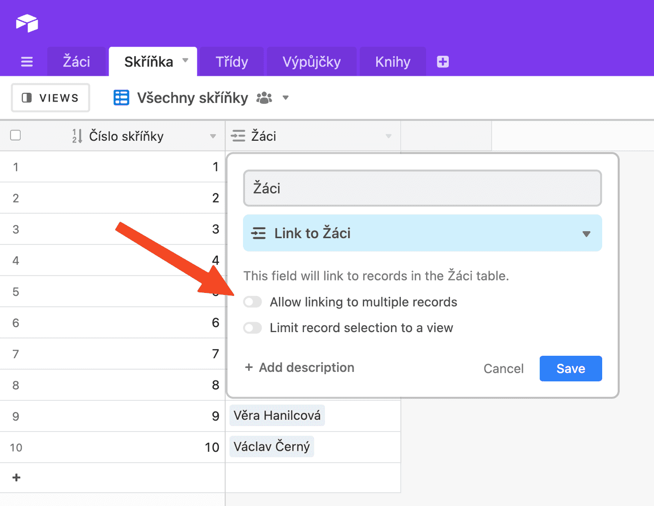Vztahy mezi tabulkami v Airtablu