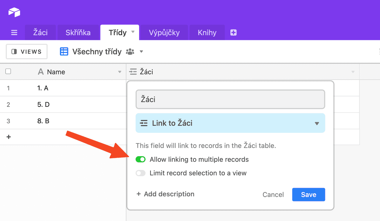 Vztahy mezi tabulkami v Airtablu