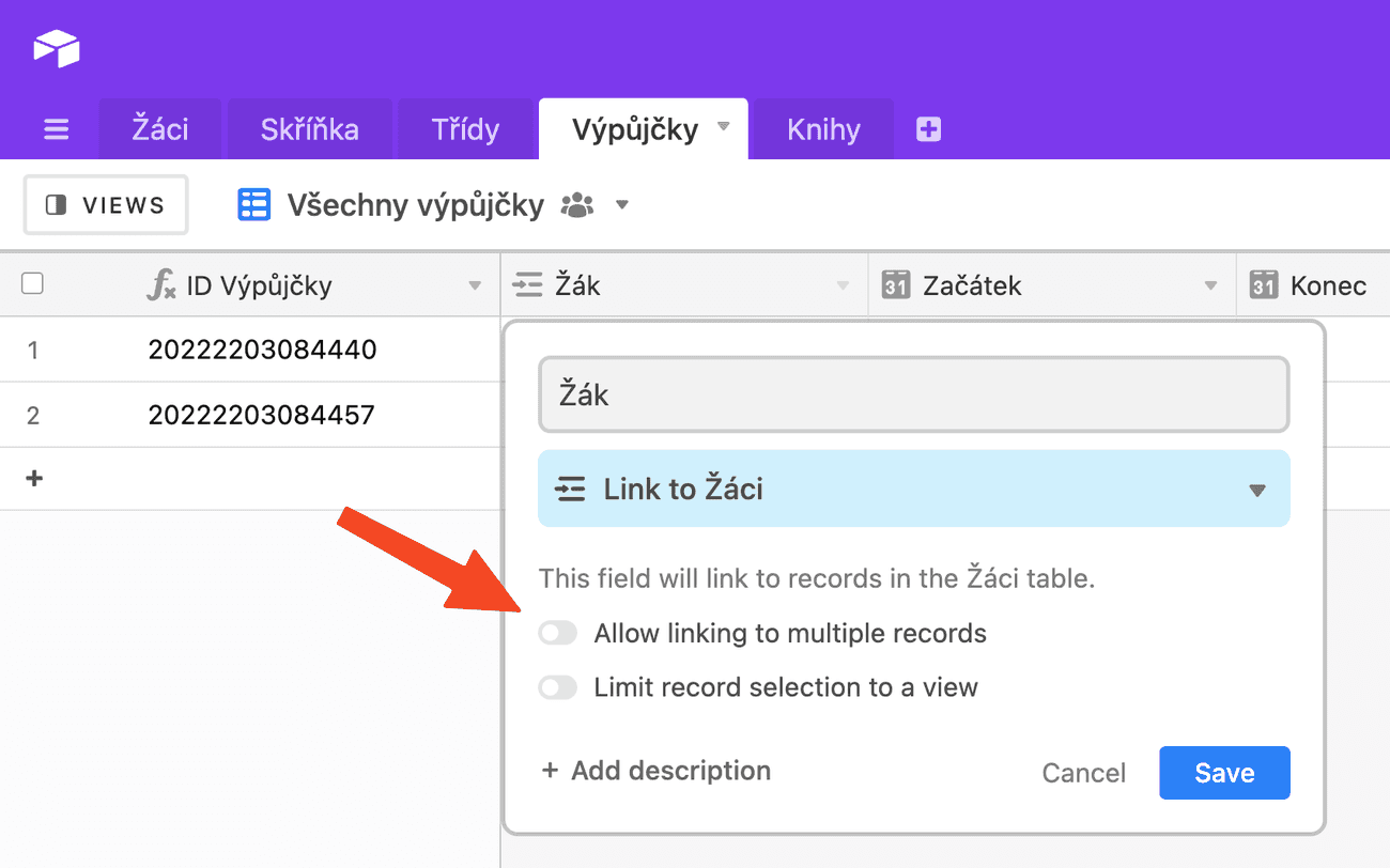Vztahy mezi tabulkami v Airtablu