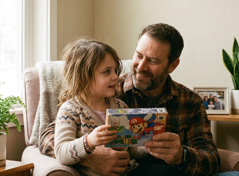 Papà che fa vedere a figlia Super Mario 64