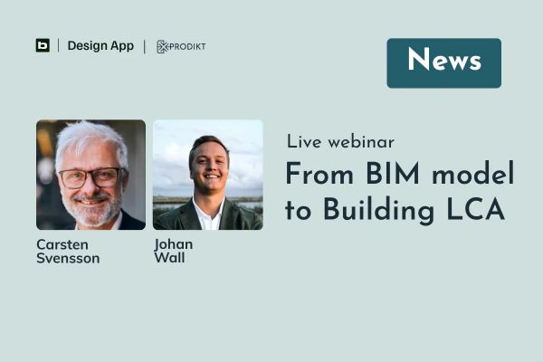 Live webinar card “From BIM model to Building LCA” with portraits of Carsten Svensson and Johan Wall