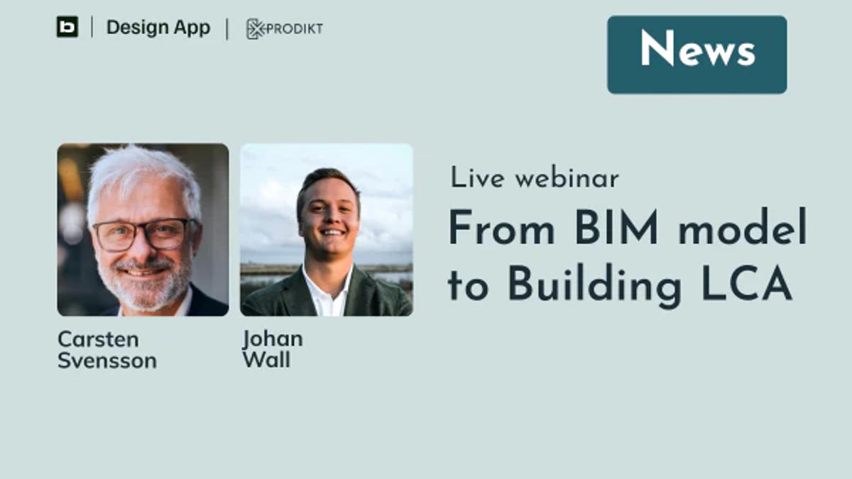 Live webinar card “From BIM model to Building LCA” with portraits of Carsten Svensson and Johan Wall