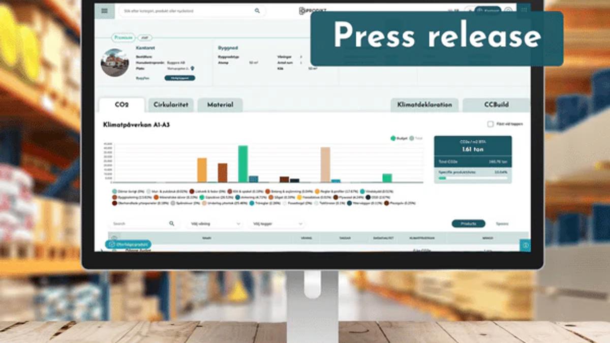 Desktop monitor in a building materials warehouse showing a Prodikt project dashboard