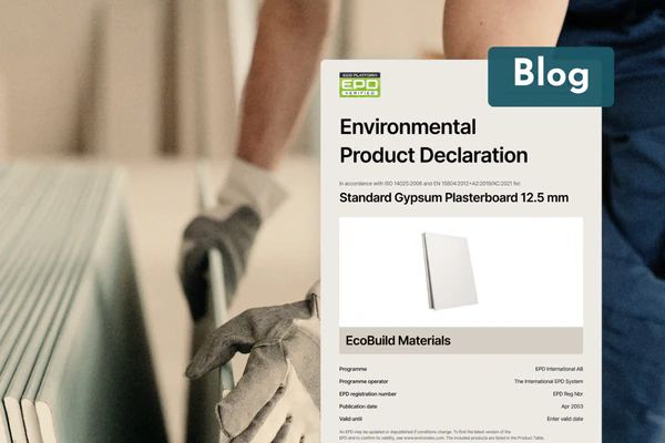 An Environmental Product Declaration for standard gypsum plasterboard held up in front of a worker handling boards