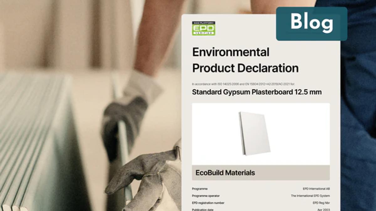 An Environmental Product Declaration for standard gypsum plasterboard held up in front of a worker handling boards