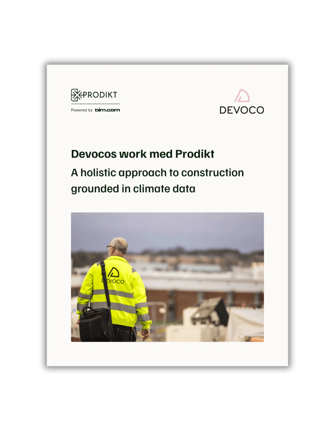 Cover of the Devoco customer case: a person in a Devoco high-visibility jacket on a building site, with the Prodikt and Devoco logos