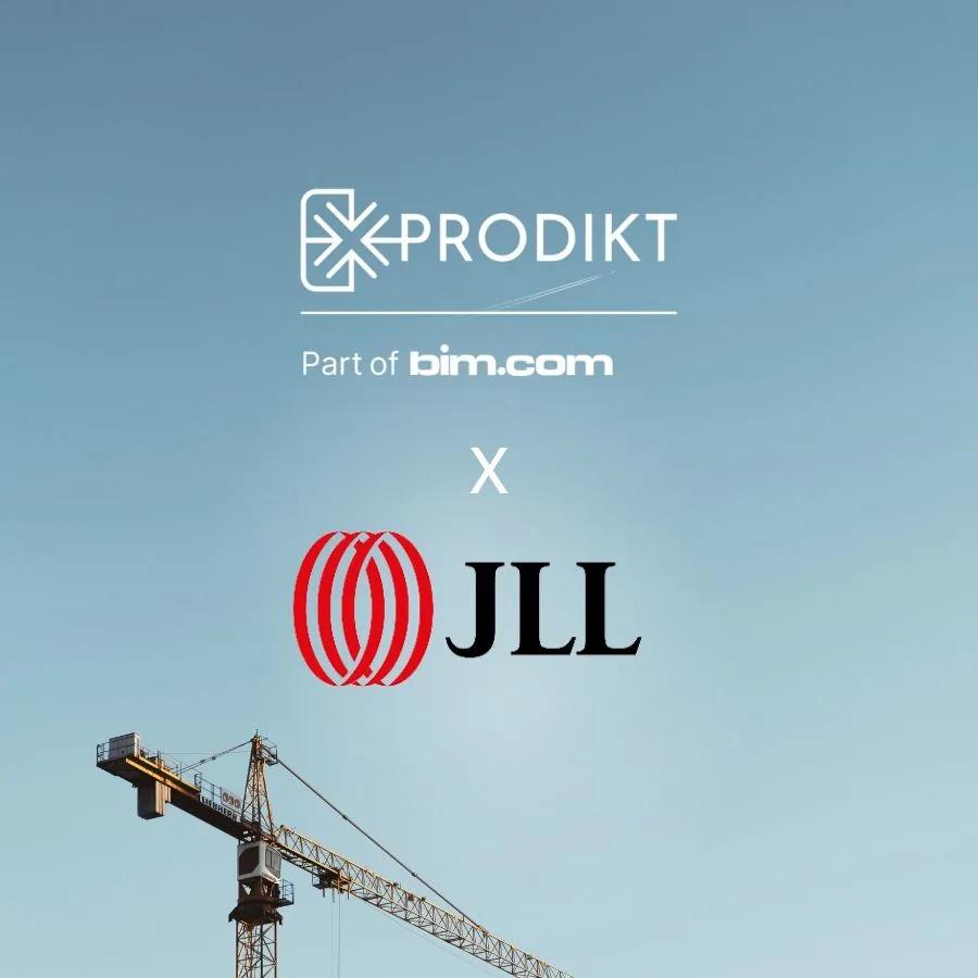 Prodikt, part of bim.com, and JLL logos joined by an X above a construction crane