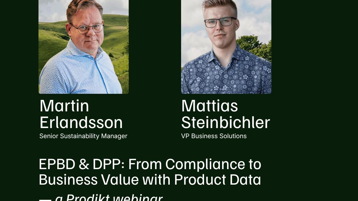 bim.com Academy live webinar card “EPBD & DPP: From Compliance to Business Value with Product Data” with portraits of Martin Erlandsson and Mattias Steinbichler and three dates in April and May 2026