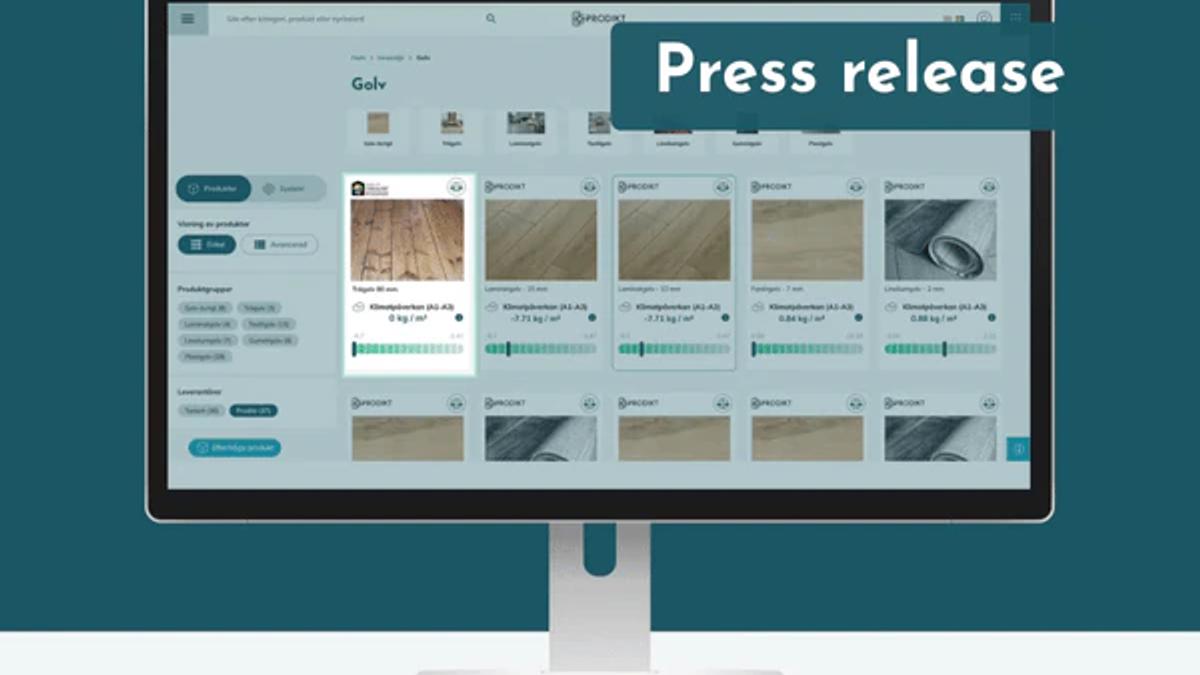 Desktop monitor showing the Prodikt product catalogue for flooring with climate impact per product