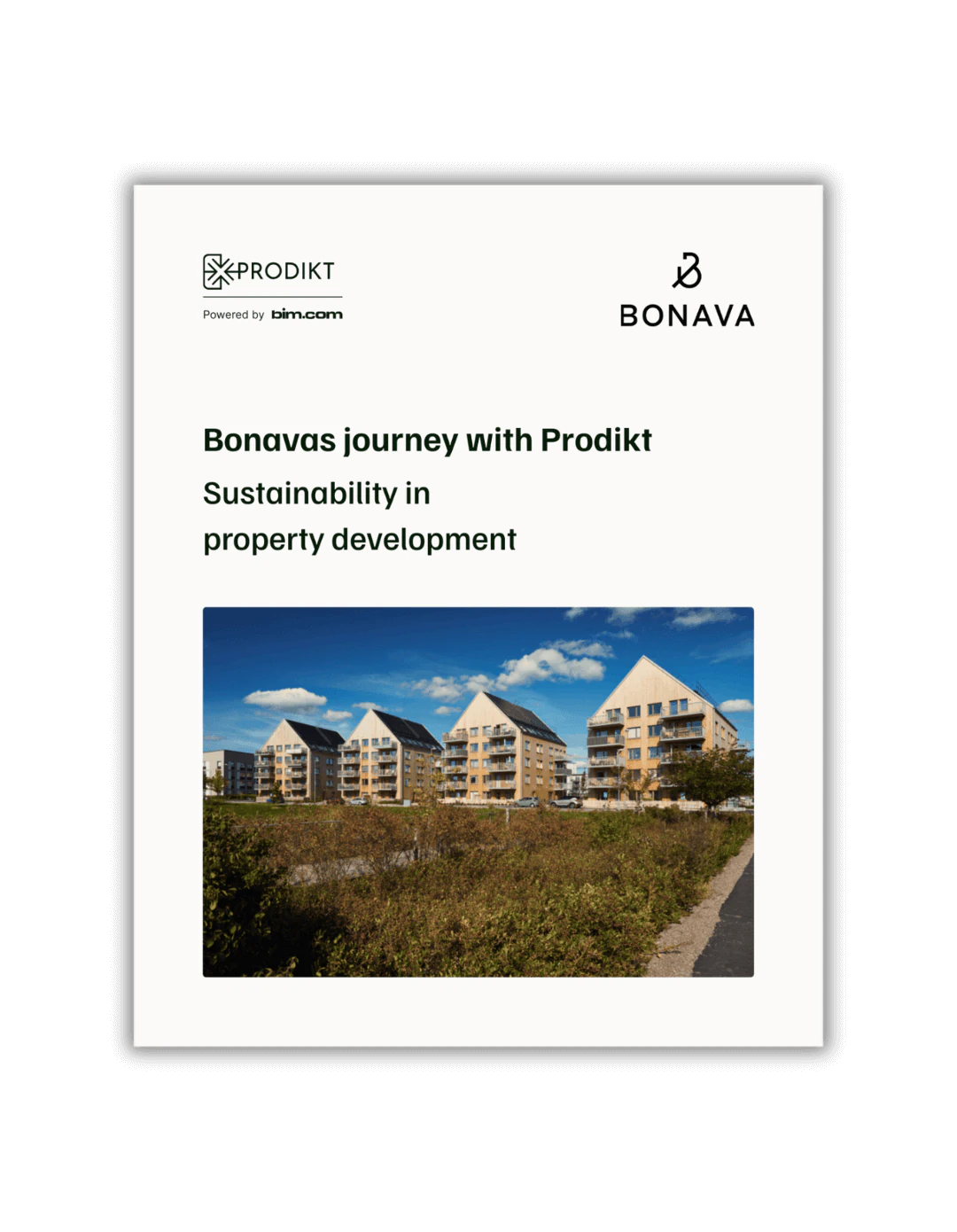 Cover of the Bonava customer case: apartment buildings with solar panels on their roofs, with the Prodikt and Bonava logos