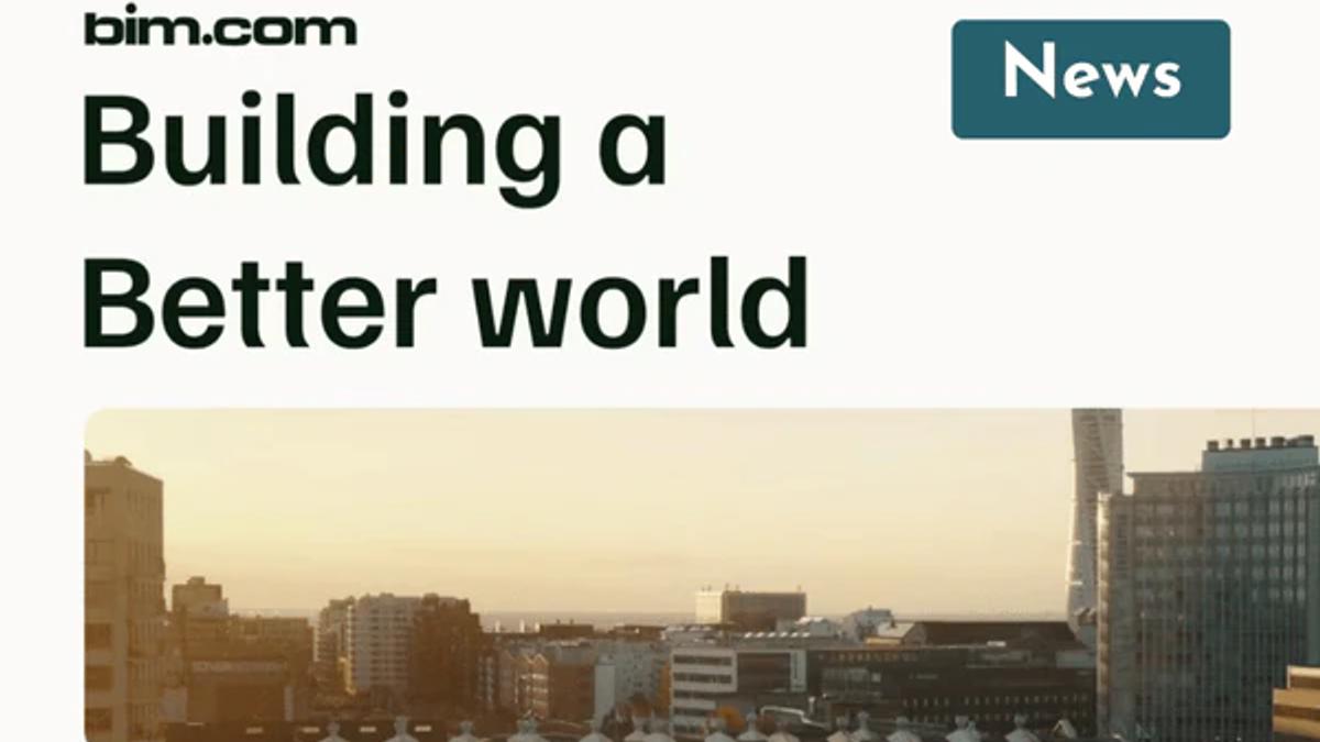 bim.com “Building a Better World” title over the Malmö skyline at sunset