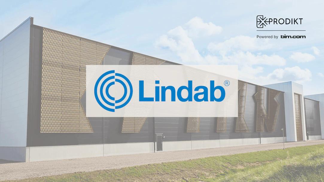 Lindab logo over a photo of an industrial building with a perforated metal façade, with the Prodikt logo