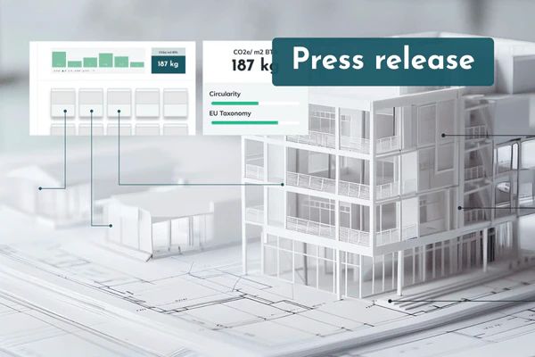 Architectural model of an apartment building on drawings, with Prodikt climate data callouts showing 187 kg CO2e per m²