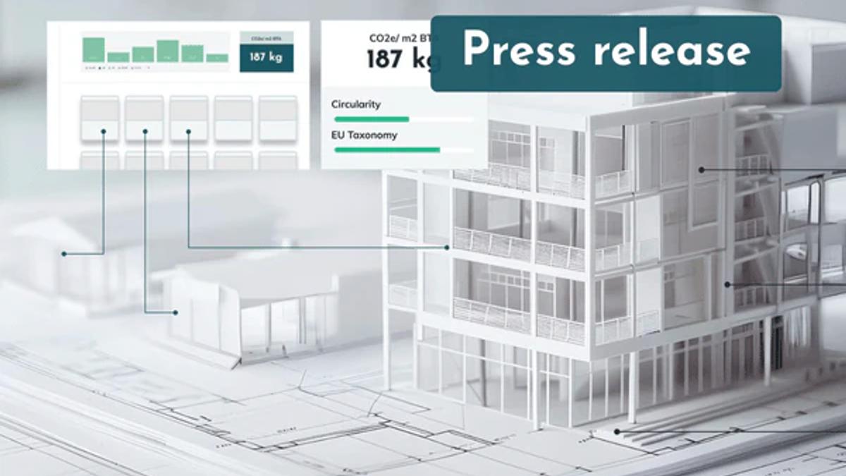 Architectural model of an apartment building on drawings, with Prodikt climate data callouts showing 187 kg CO2e per m²
