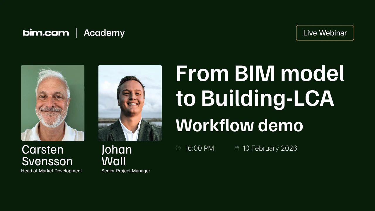 bim.com Academy live webinar card “From BIM model to Building-LCA: Workflow demo” with portraits of Carsten Svensson and Johan Wall, 10 February 2026
