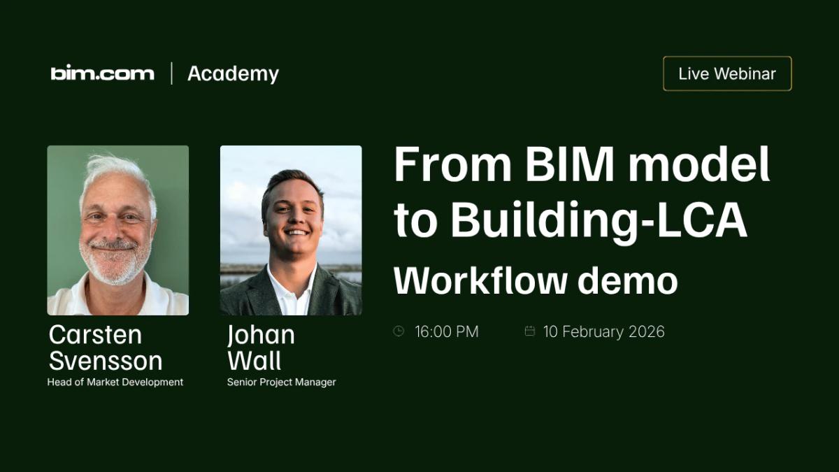 bim.com Academy live webinar card “From BIM model to Building-LCA: Workflow demo” with portraits of Carsten Svensson and Johan Wall, 10 February 2026
