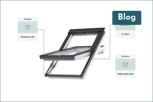 Roof window with product data callouts for reaction to fire, U-value and product ID