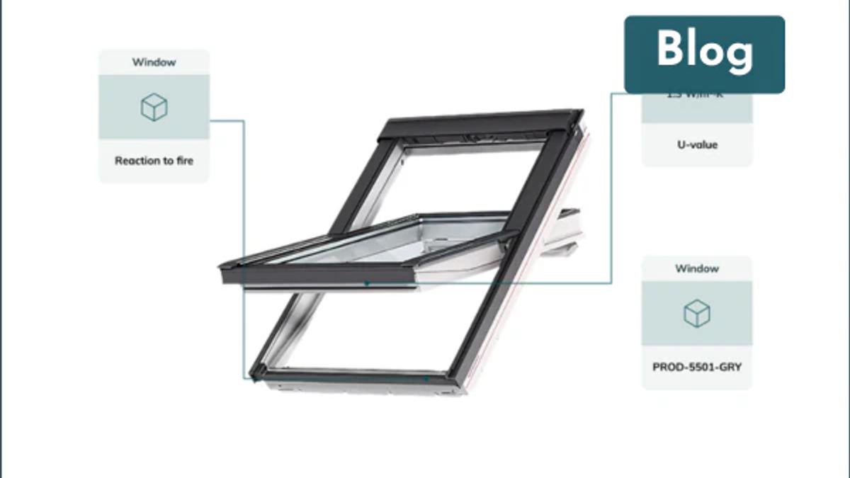 Roof window with product data callouts for reaction to fire, U-value and product ID