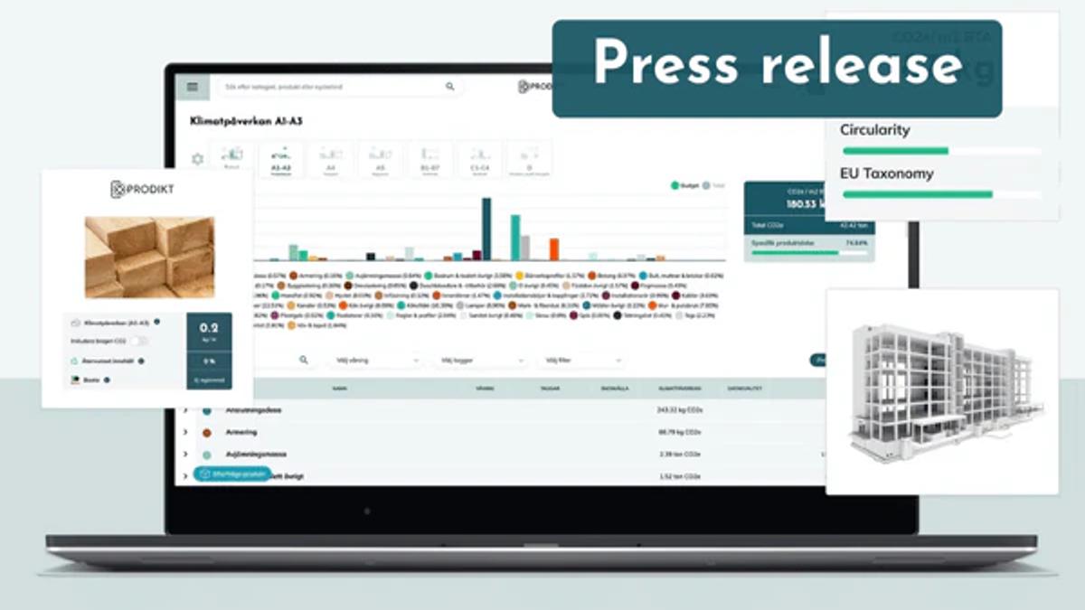 Laptop with a Prodikt project dashboard, a product card for timber, a 3D building model and circularity and EU taxonomy indicators