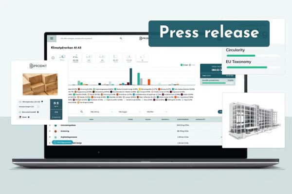 Laptop with a Prodikt project dashboard, a product card for timber, a 3D building model and circularity and EU taxonomy indicators