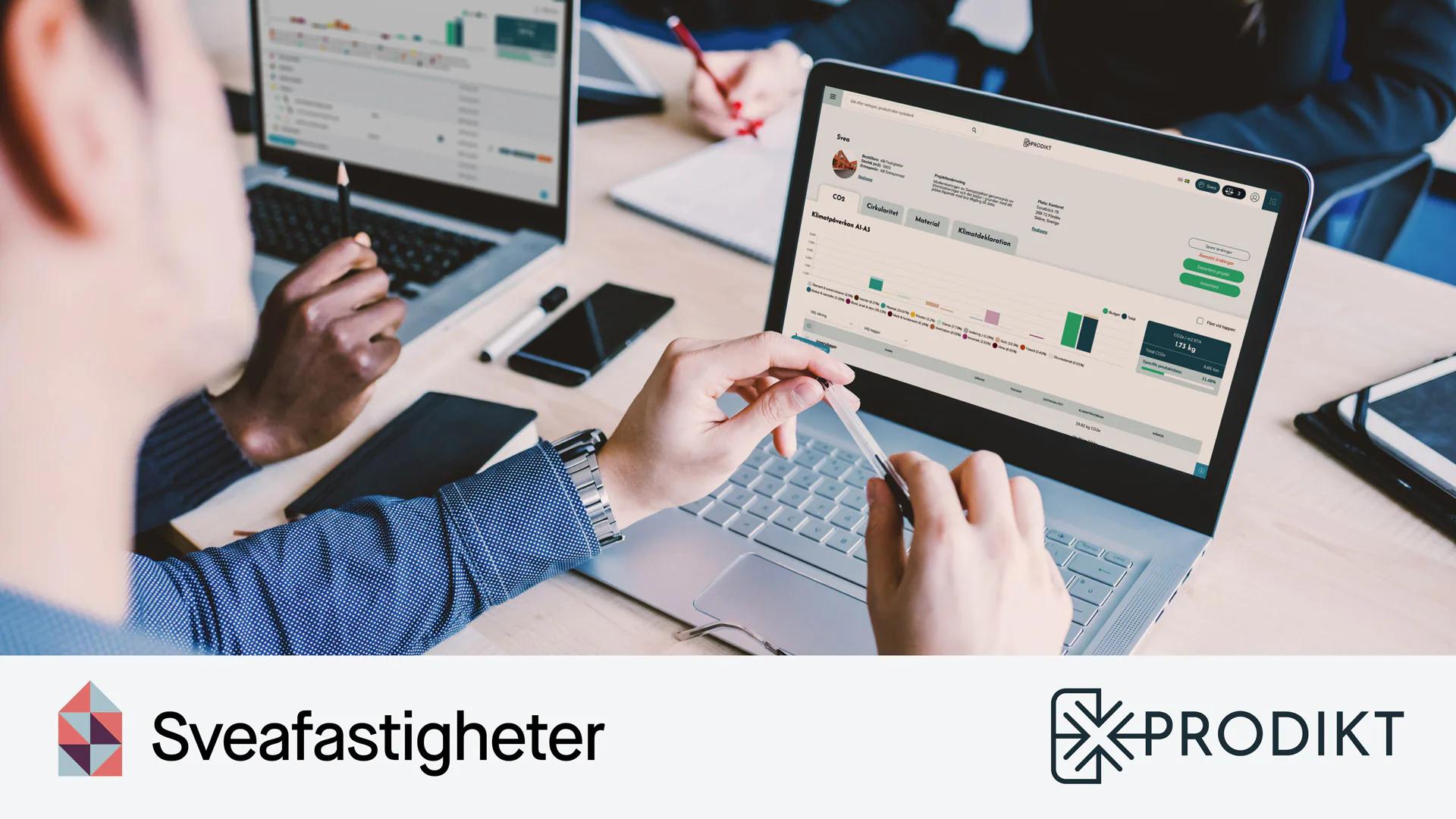 Two people working at laptops that show Prodikt project dashboards, with the Sveafastigheter and Prodikt logos