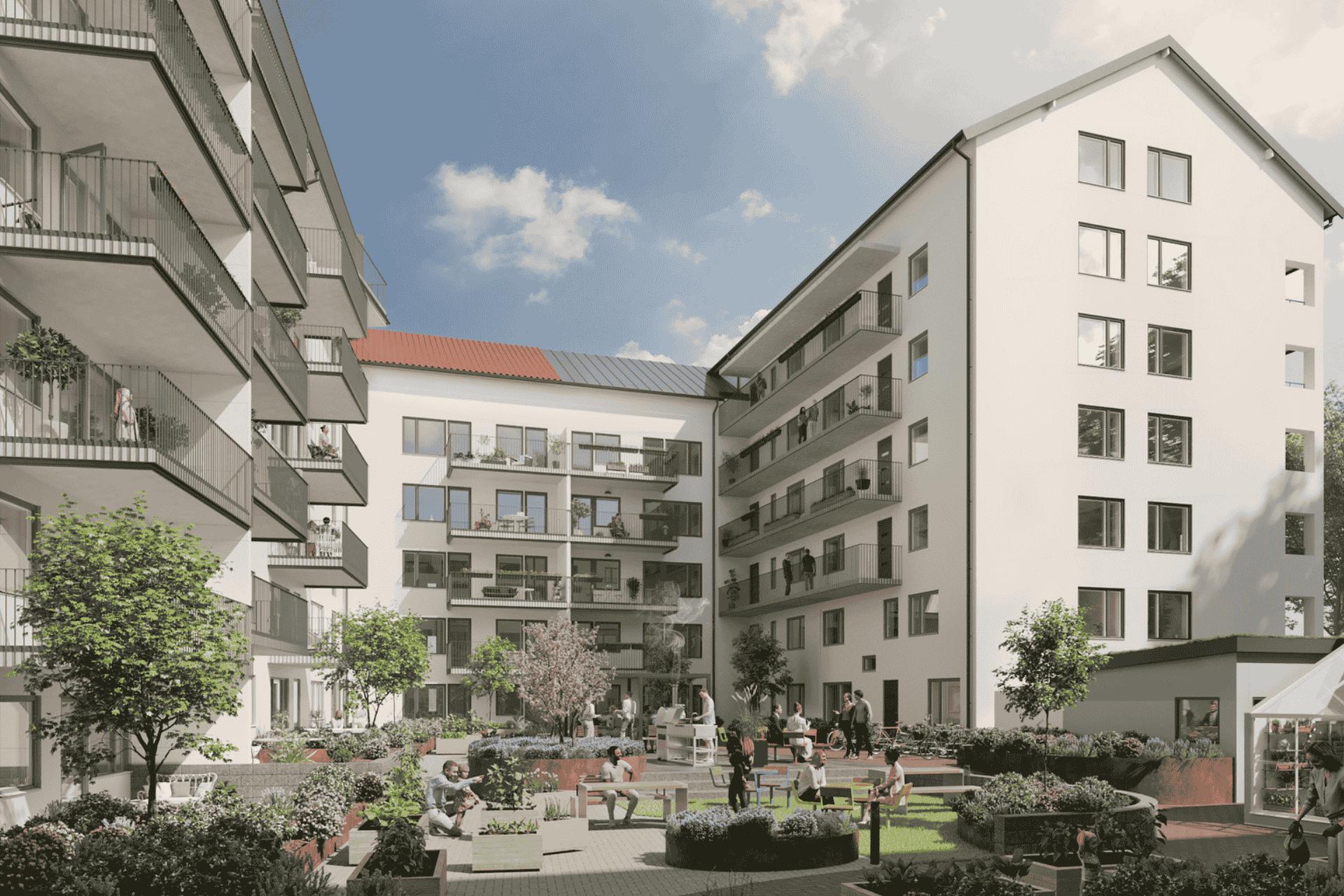 3D visualisation of the Kryddan housing project, with a courtyard between apartment blocks