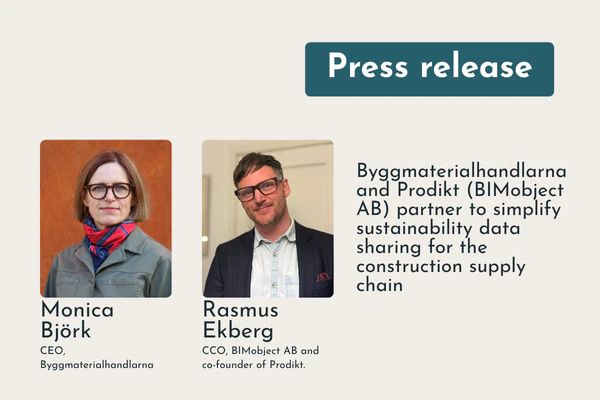 Portraits of Monica Björk, CEO of Byggmaterialhandlarna, and Rasmus Ekberg, CCO of BIMobject AB and co-founder of Prodikt, beside the partnership headline
