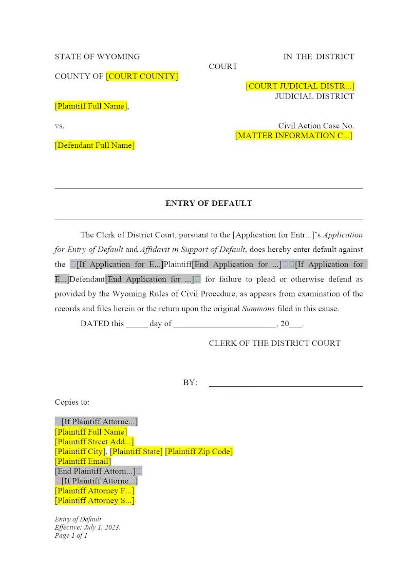 Entry of Default (Form DWCP18)